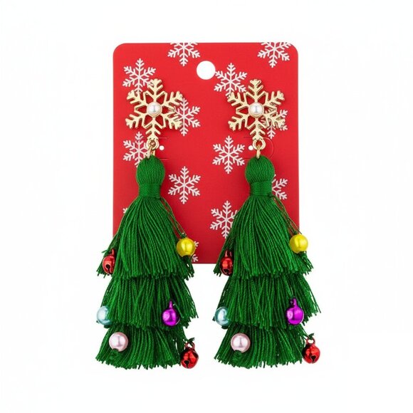 Christmas Tree Earrings Dangle Drop Dangling Tassel Holiday Ladies Boho Jewelry - Picture 1 of 6